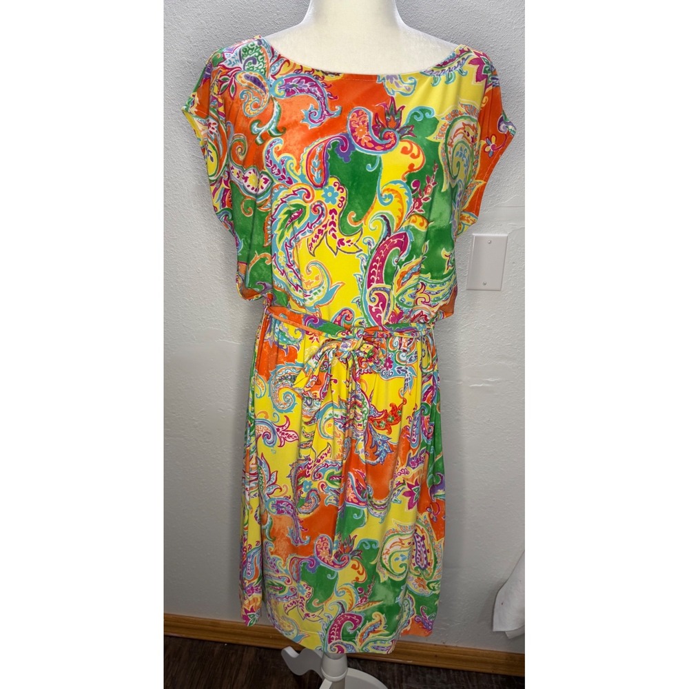 Lauren‎ Ralph Lauren Paisley Boat Neck Belted Sheath Dress Multicolor Large